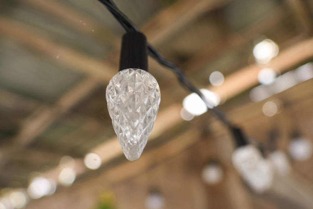 A closeup of an inactive, clear-white faceted string light bulb hanging down in broad daylight.