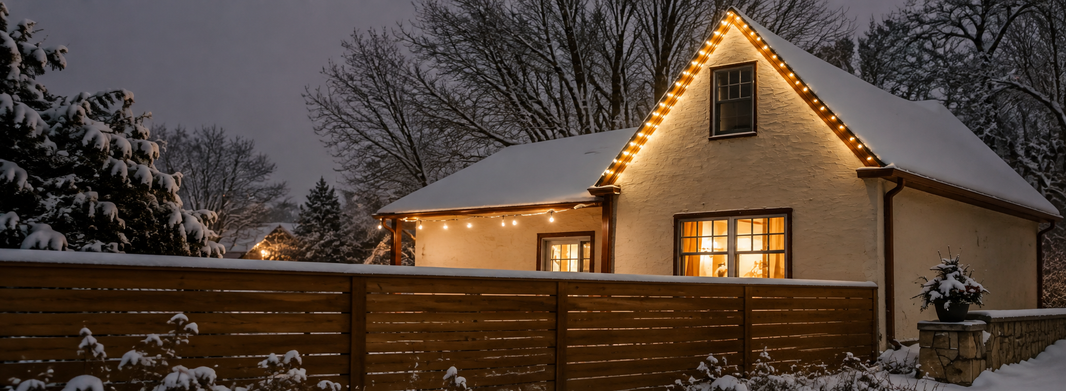 The side of a snow-covered house, with white Christmas lights strung along its roofline.