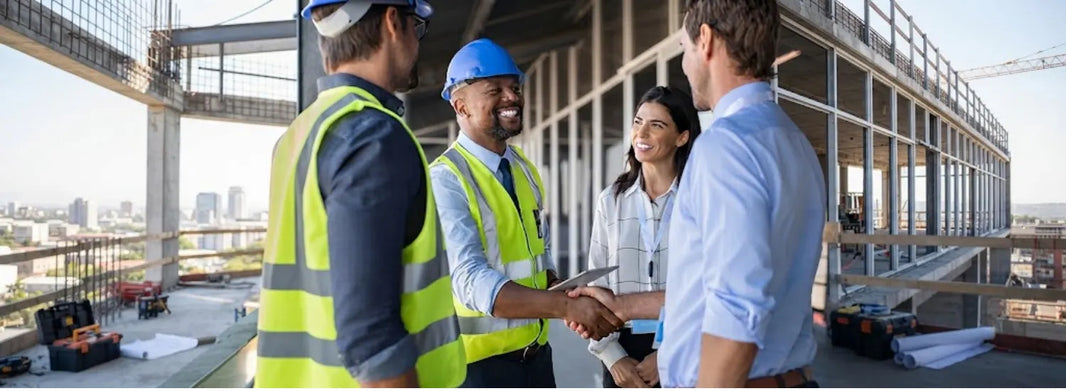 Two contractor engineers in hard hats and safety vests shaking hands with two people in business casual and smiling.
