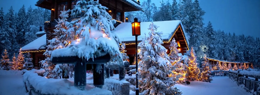 A photo of a snow-covered house in Christmas Village in Finland, which is ringed in warm yellow Christmas lights and obscured by snow-covered firs that surround it. A warmly lit street lantern is visible nearby.