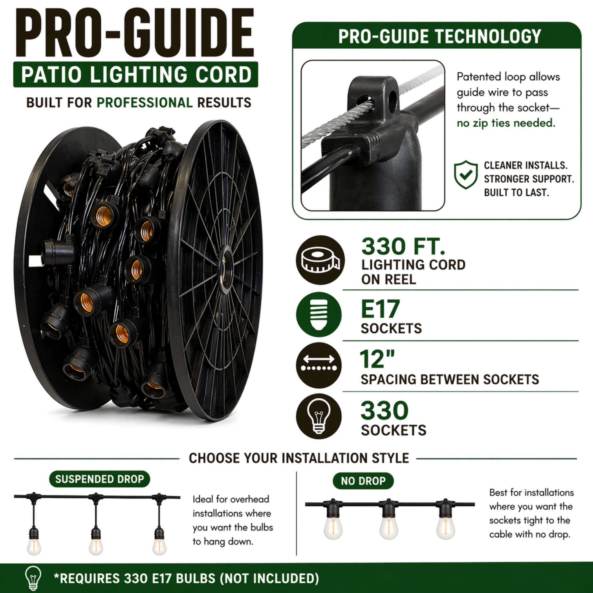 Socket Cord - PRO GUIDE SPT-2 Patio Lighting Cord - 330L ft. - E17 Sockets - 12" Spacing