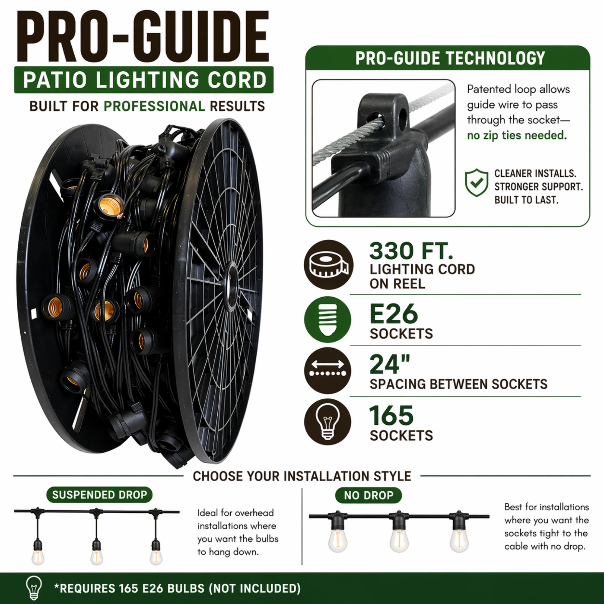 Socket Cord - PRO GUIDE Patio Lighting Cord - 330L ft. - E26 Bulb Bistro lights